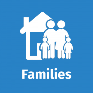 blue graphic with generic icons of a family and a house